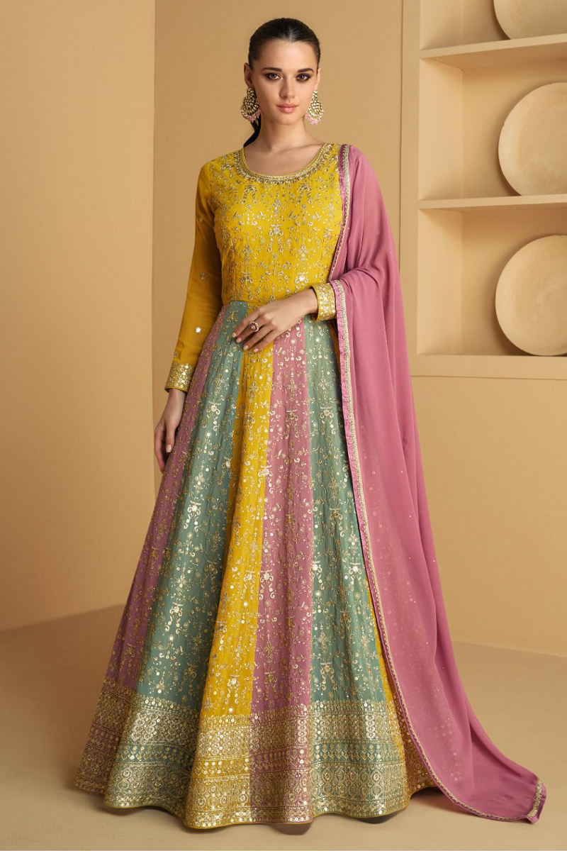 Embroidered Georgette Gown in Yellow