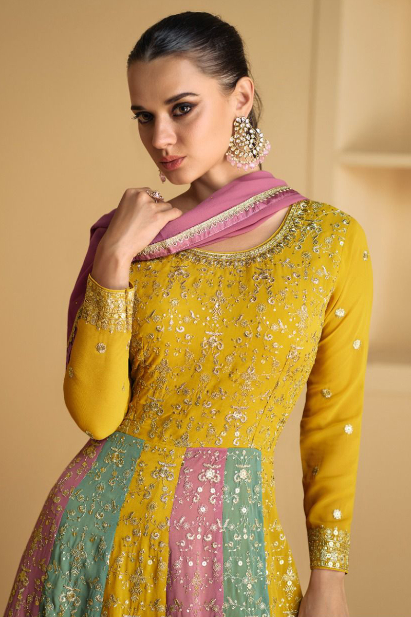 Embroidered Georgette Gown in Yellow