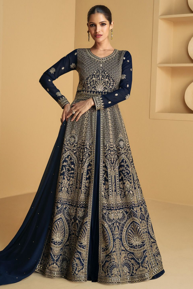 Embroidered Georgette Gown in Blue