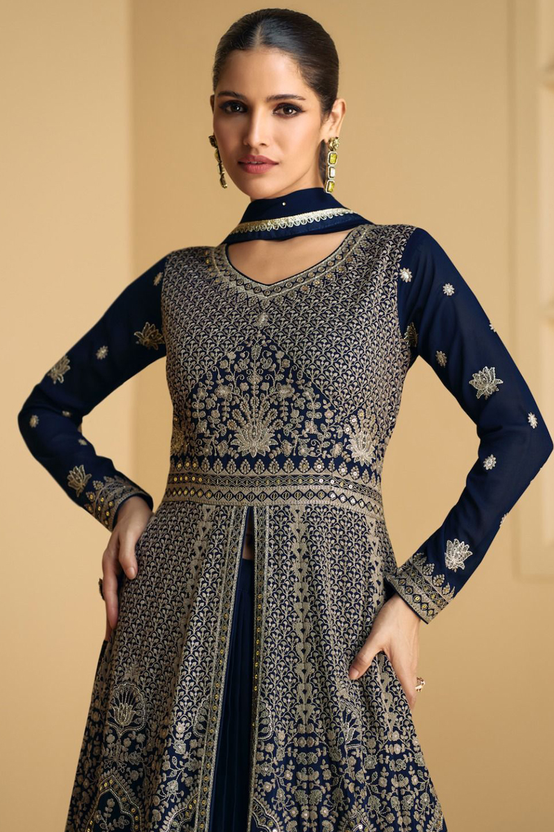 Embroidered Georgette Gown in Blue