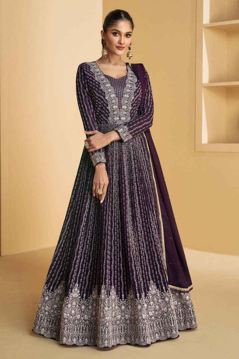 Embroidered Georgette Gown in Purple