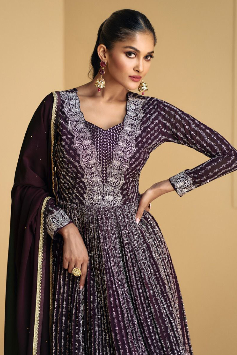 Embroidered Georgette Gown in Purple