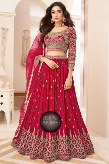 Embroidered Chiffon Lehenga in Red