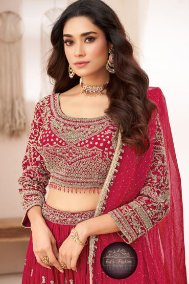 Embroidered Chiffon Lehenga in Red