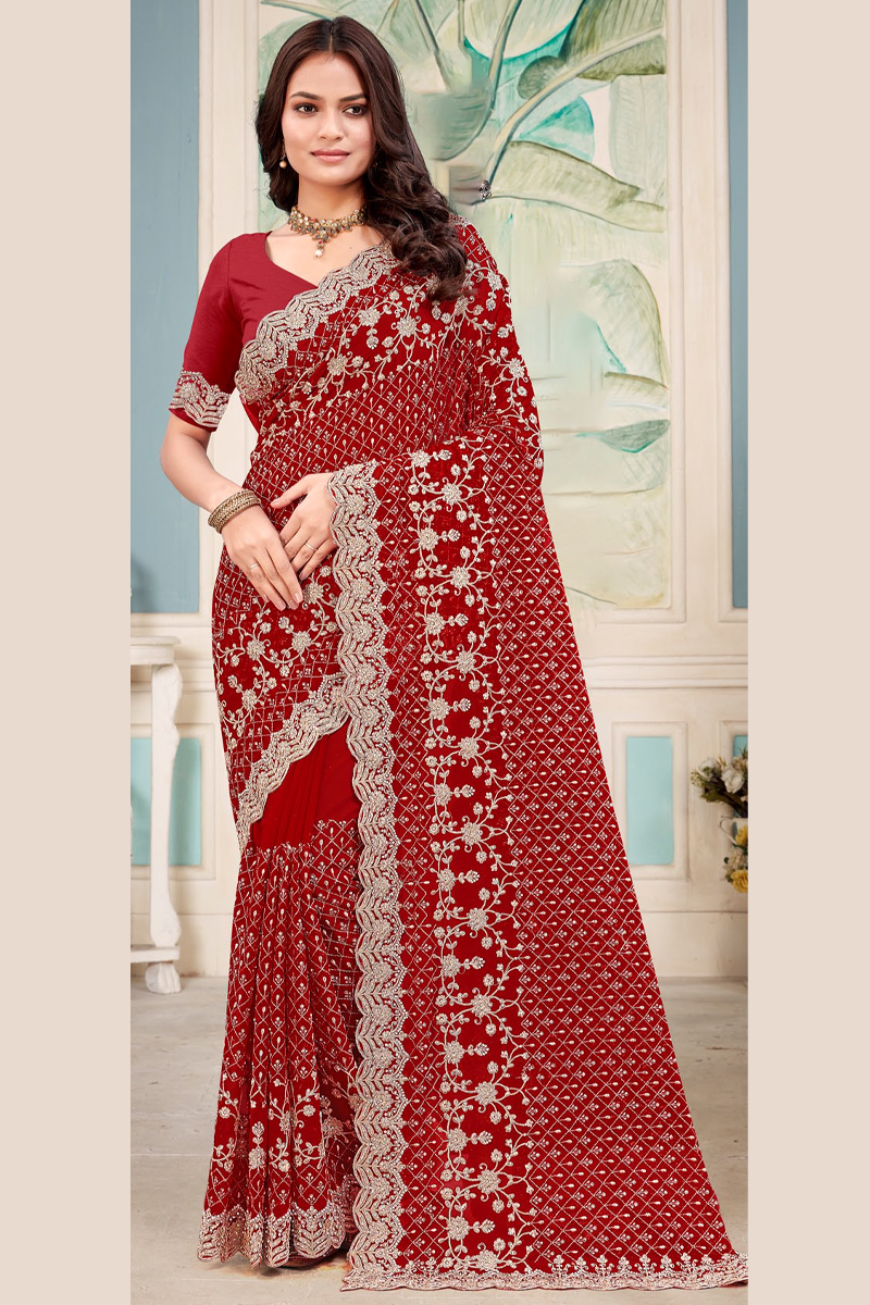 Embroidered Designer Georgette Saree in Maroon