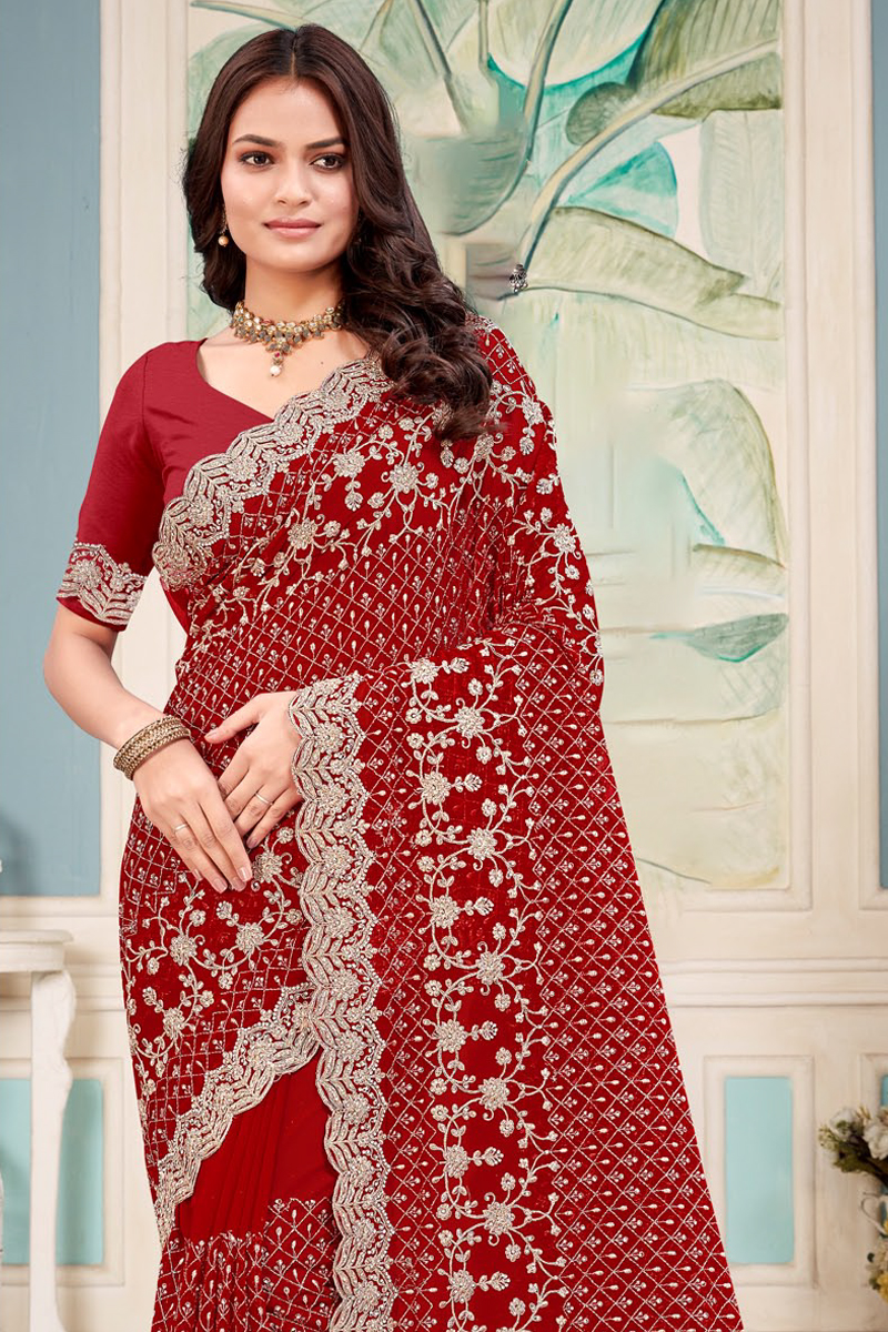 Embroidered Designer Georgette Saree in Maroon