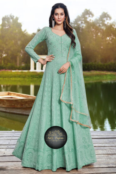 Embroidered Georgette Gown in Green