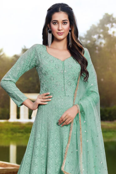 Embroidered Georgette Gown in Green