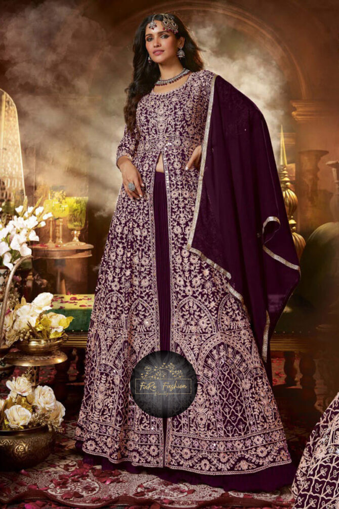 Embroidered Georgette Gown in Purple