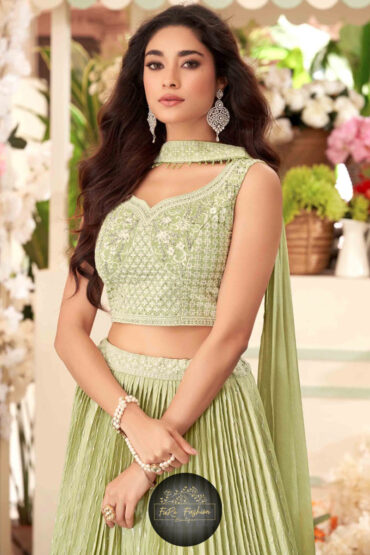 Embroidered Silk Lehenga in Green