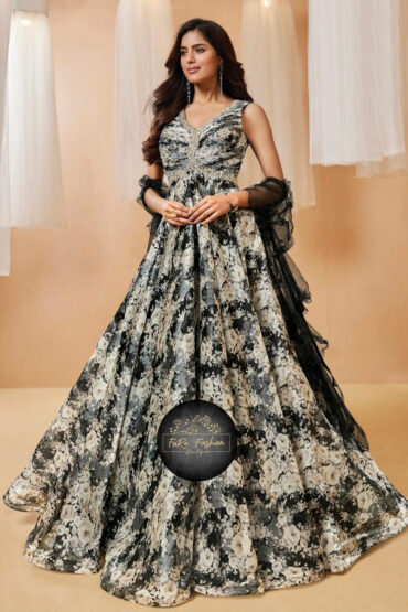 Embroidered Silk Printed Gown in Black