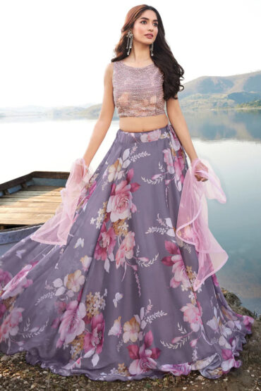 Embroidered Silk Printed Lehenga in Purple