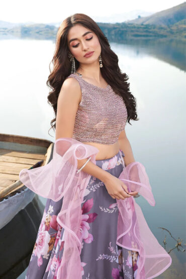 Embroidered Silk Printed Lehenga in Purple