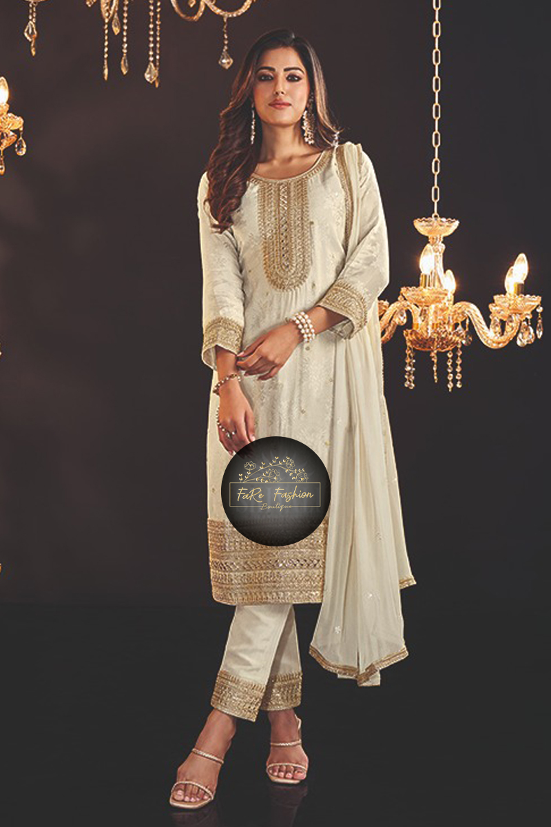 Embroidered Silk Salwar Kameez in Beige