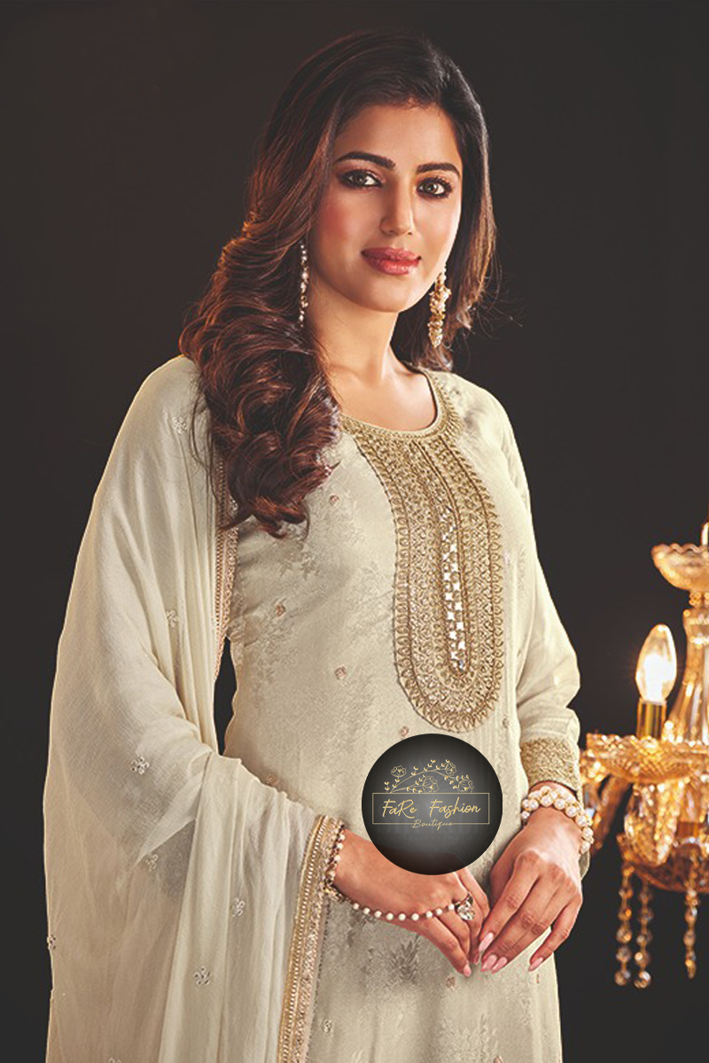 Embroidered Silk Salwar Kameez in Beige