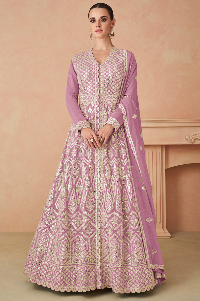 Embroidered Georgette Gown in Pink