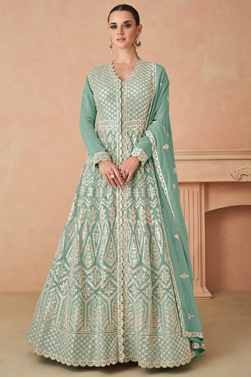 Embroidered Georgette Gown in Cyan