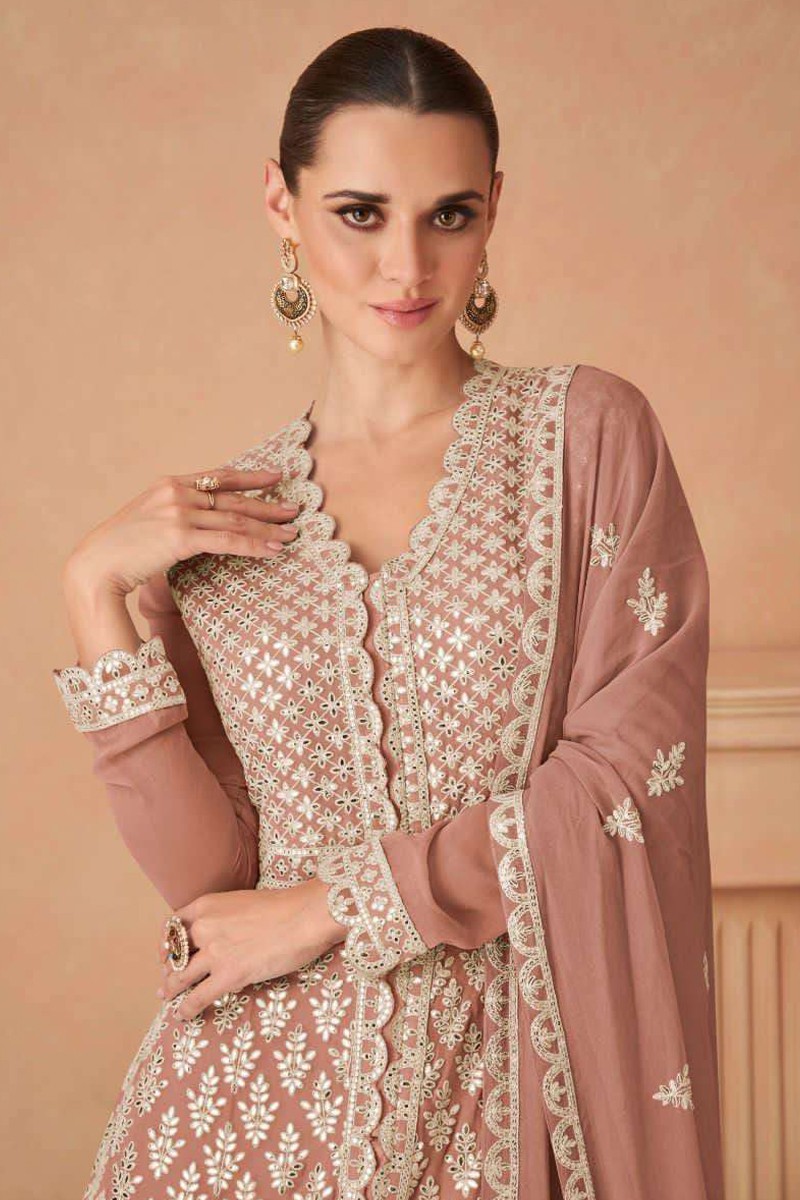 Embroidered Georgette Gown in Brown