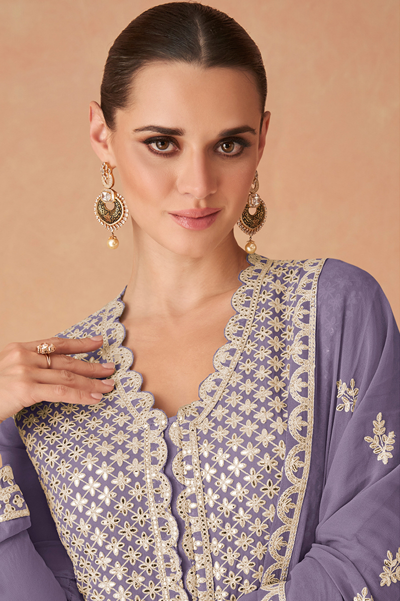 Embroidered Georgette Gown in Purple