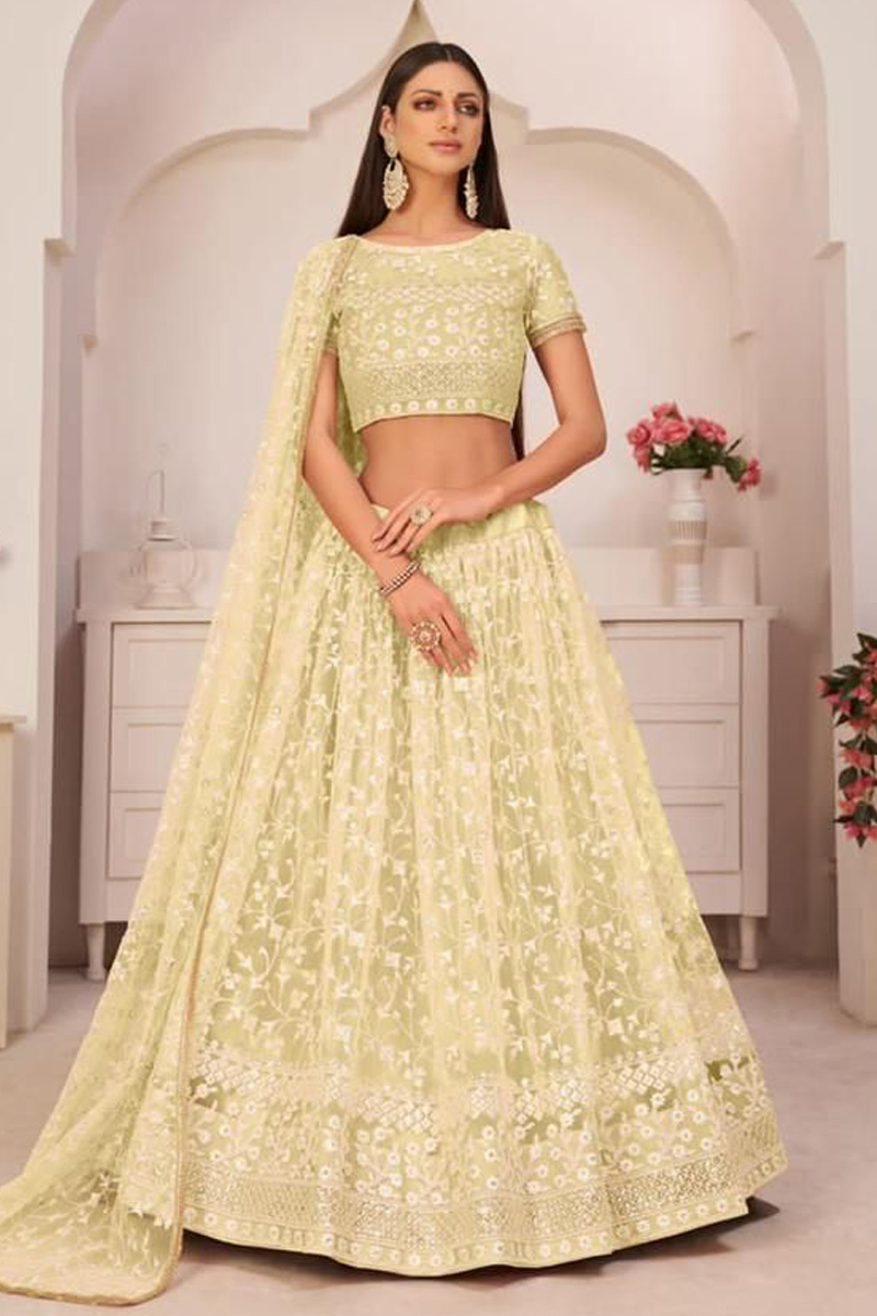 Embroidered Net Lehenga Choli in Yellow