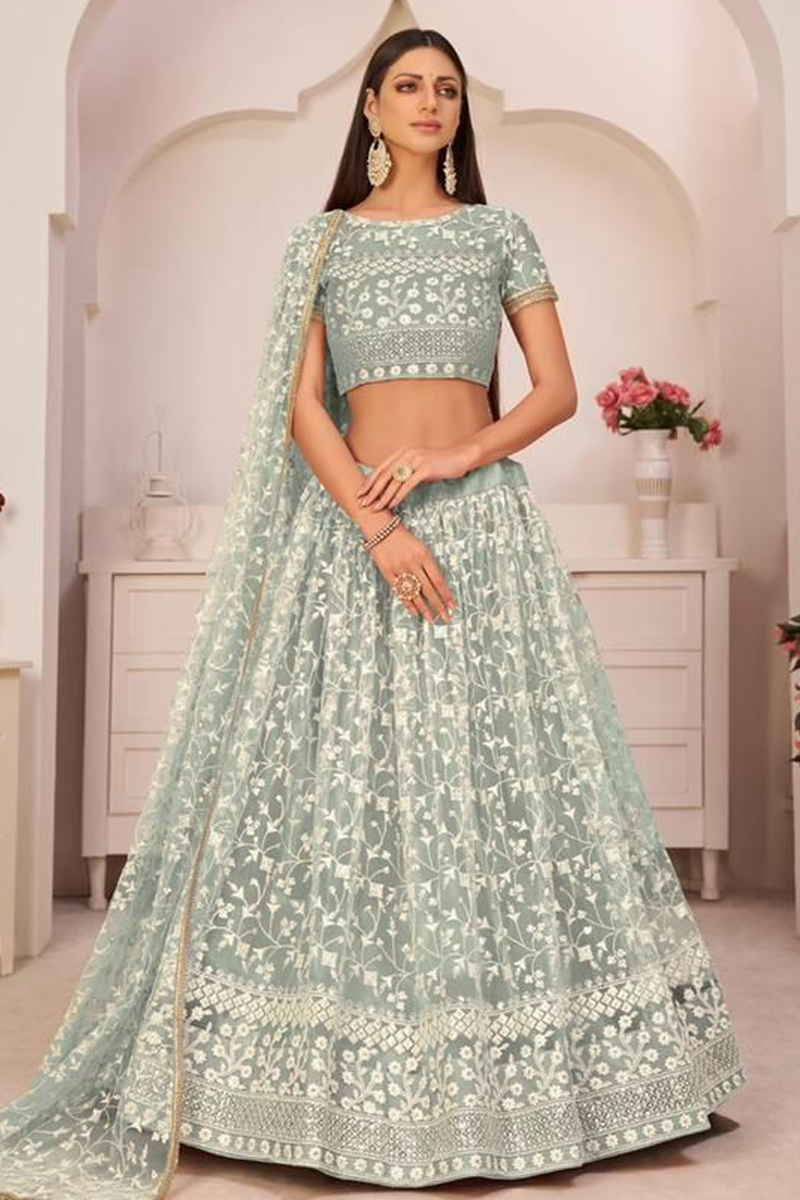 Embroidered Net Lehenga Choli in Yellow