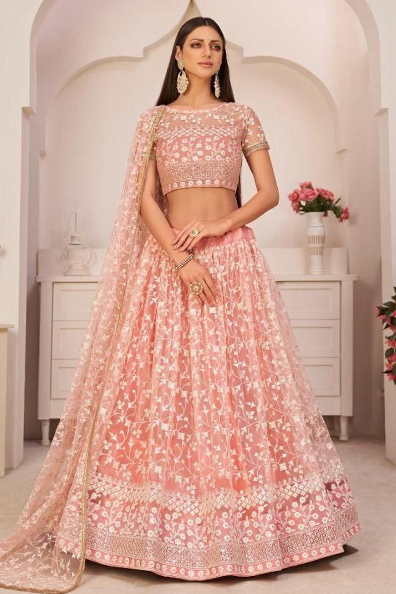 Embroidered Net Lehenga Choli in Pink