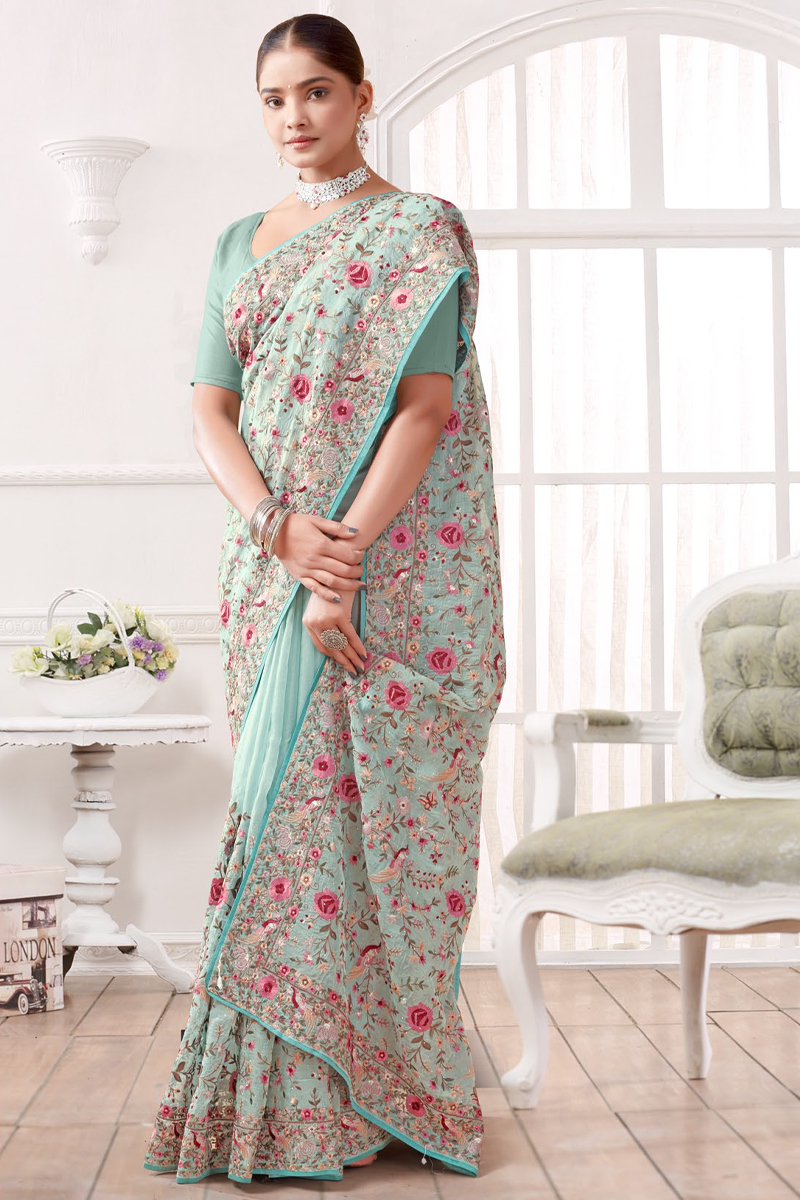 Organza Designer Saree in Cyan