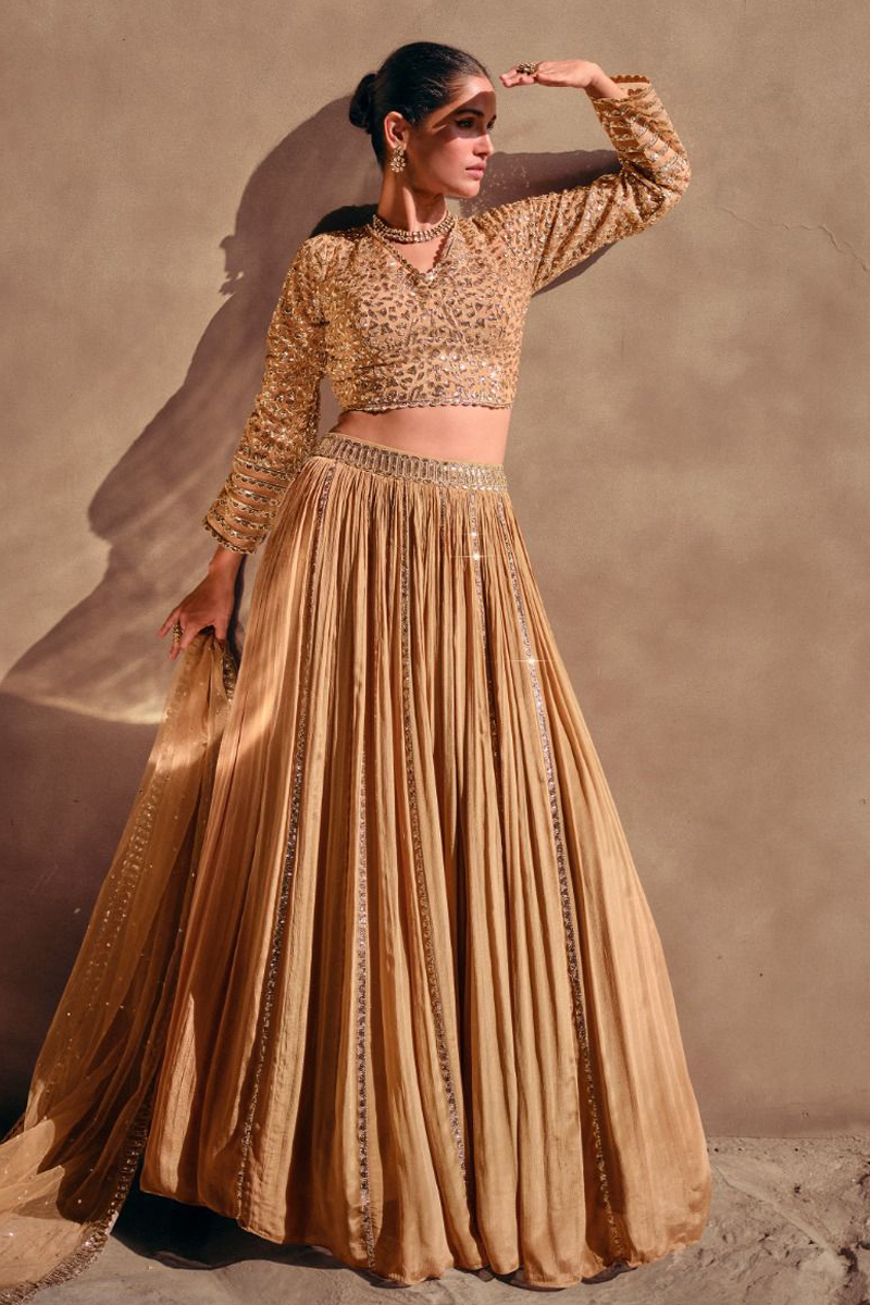 Embroidered Chinnon Silk Lehenga Choli in Golden