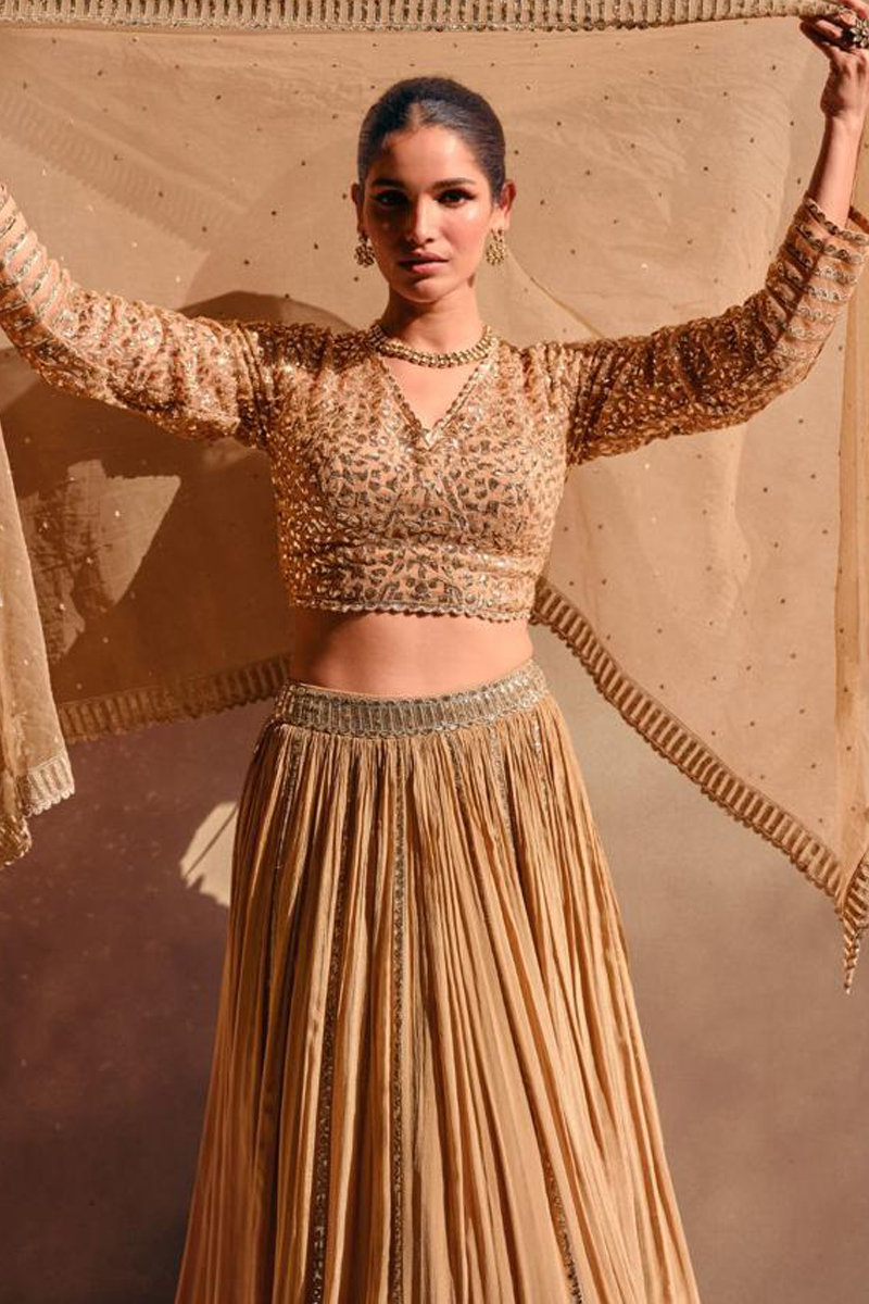 Embroidered Chinnon Silk Lehenga Choli in Golden