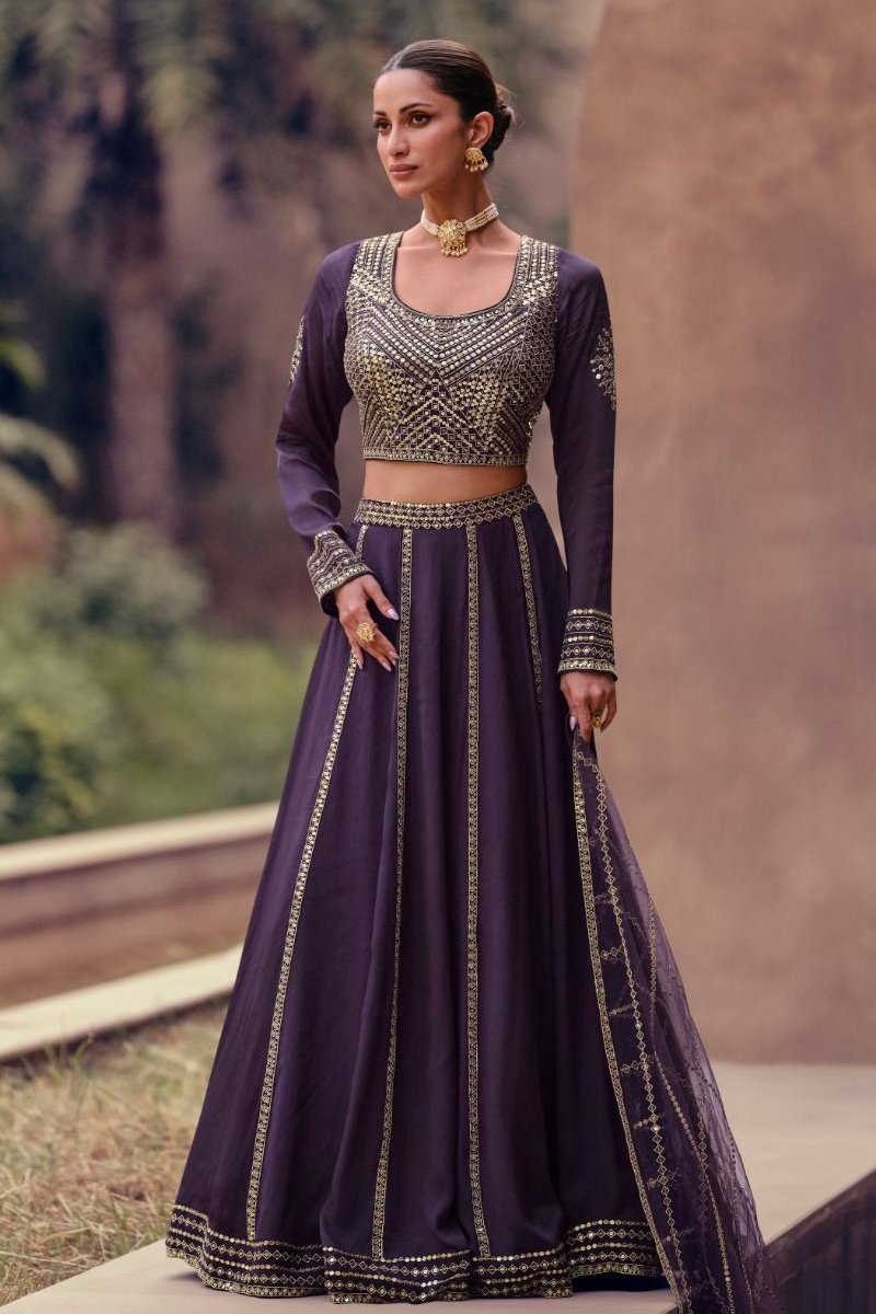 Embroidered Chinnon Silk Lehenga Choli in Purple