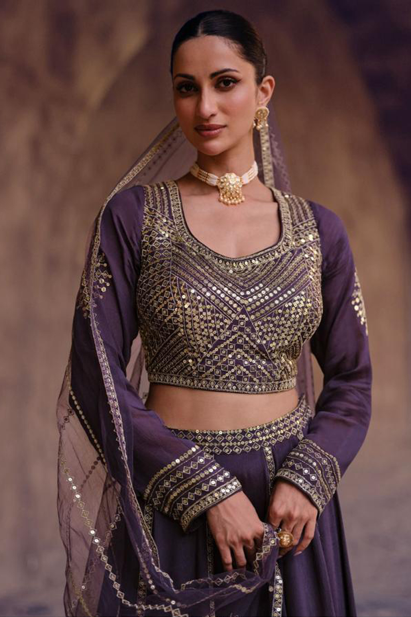 Embroidered Chinnon Silk Lehenga Choli in Purple