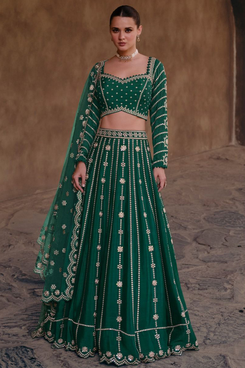 Embroidered Chinnon Silk Lehenga Choli in Green