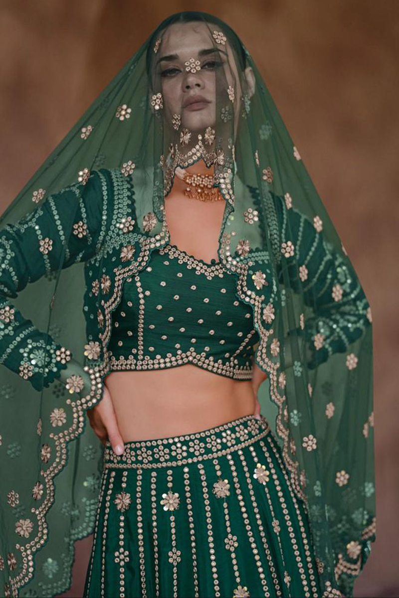 Embroidered Chinnon Silk Lehenga Choli in Green