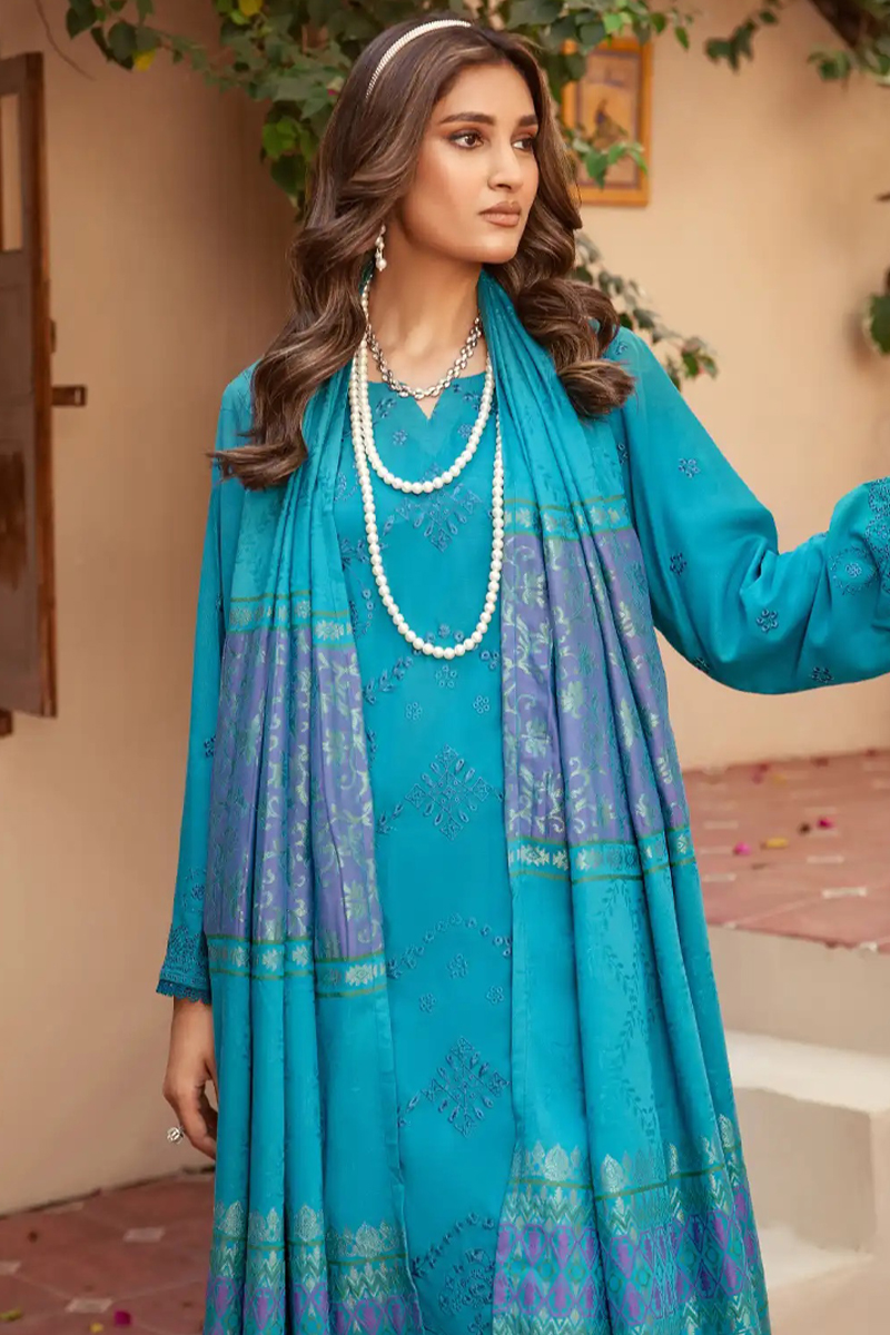 Arzoo Wool with Jacquard Shawl in Cyan