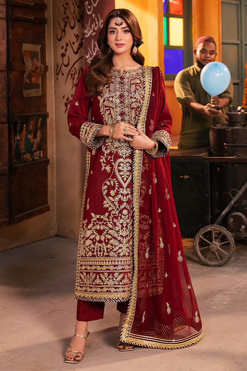 Asim Jofa Twested Silk Salwar Suit in Maroon