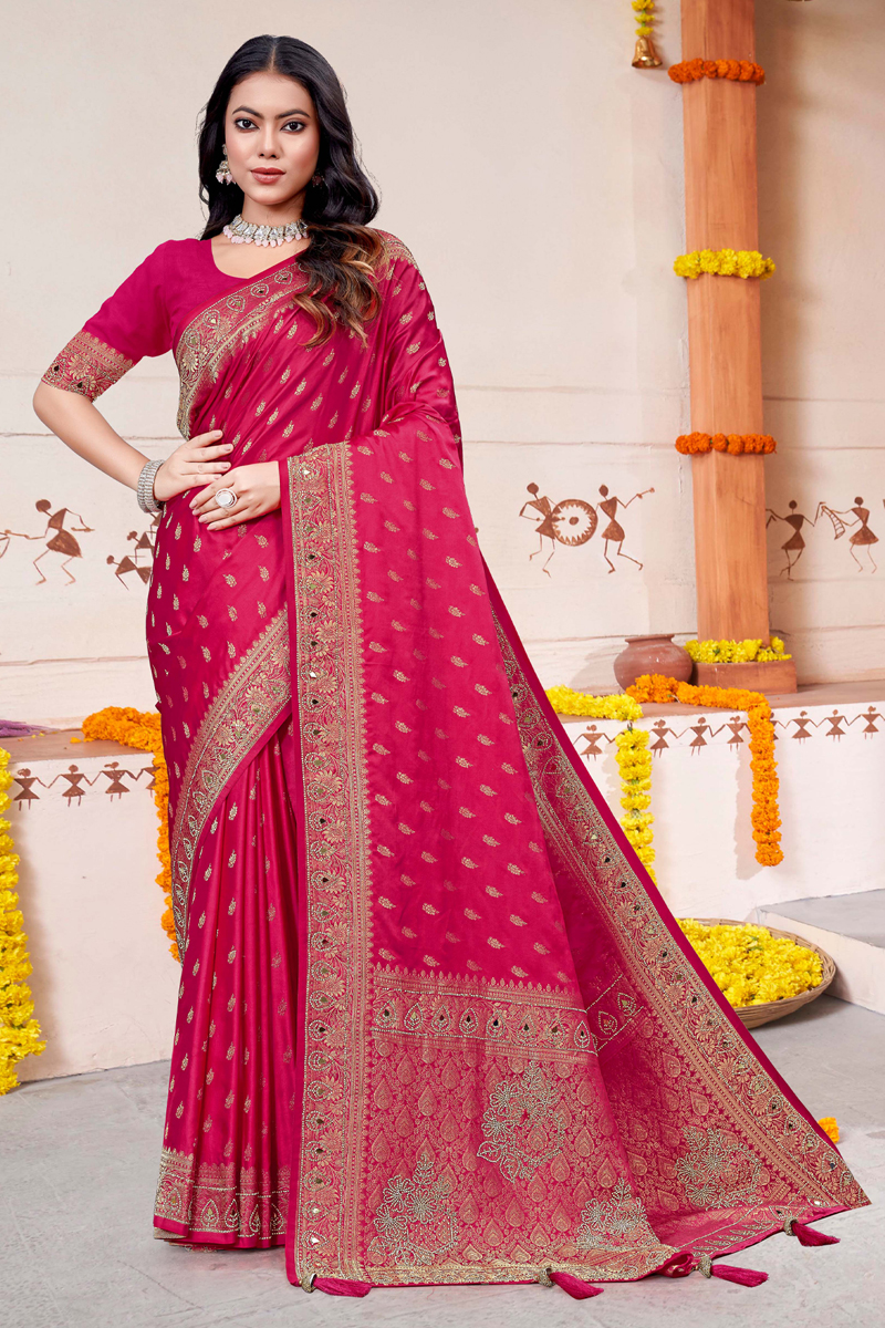 Designer Silk Saree Mirror Work In Magenta