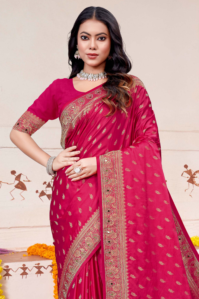 Designer Silk Saree Mirror Work In Magenta