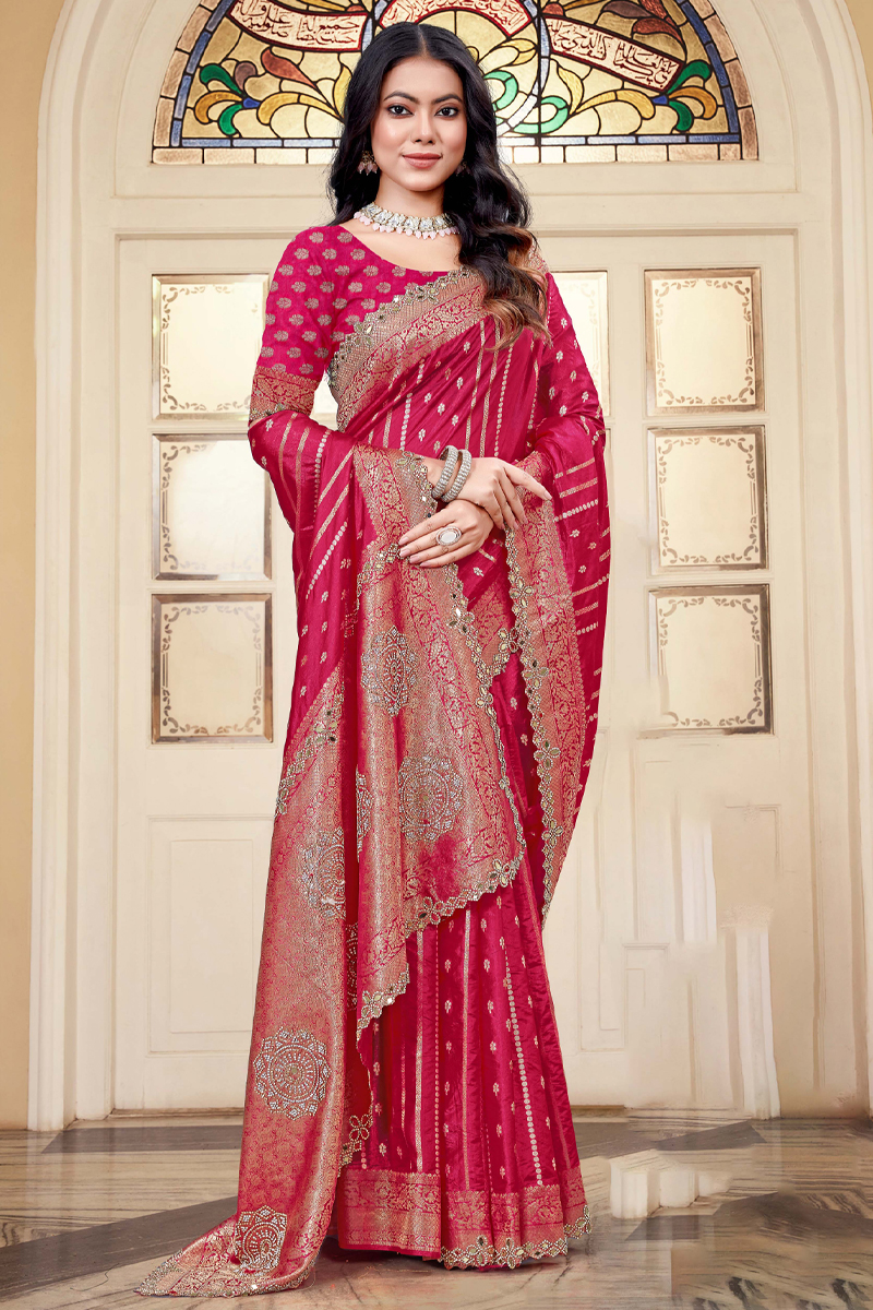 Designer Silk Saree Mirror Work In Red