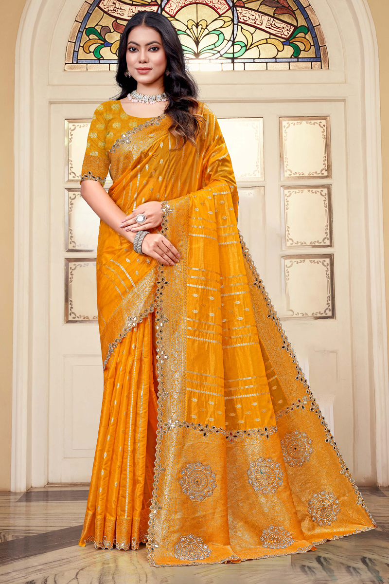 Designer Silk Saree Mirror Work In Yellow