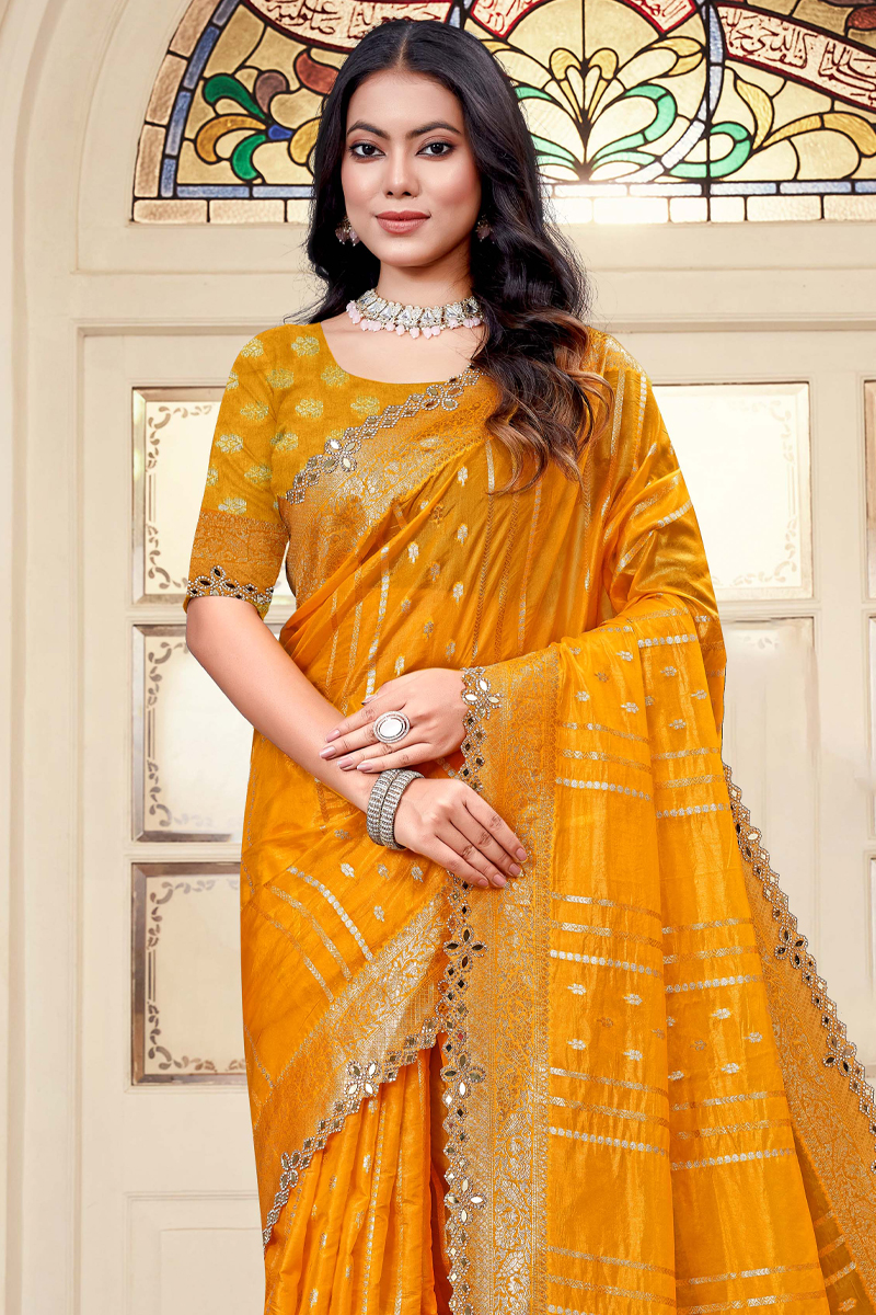 Designer Silk Saree Mirror Work In Yellow