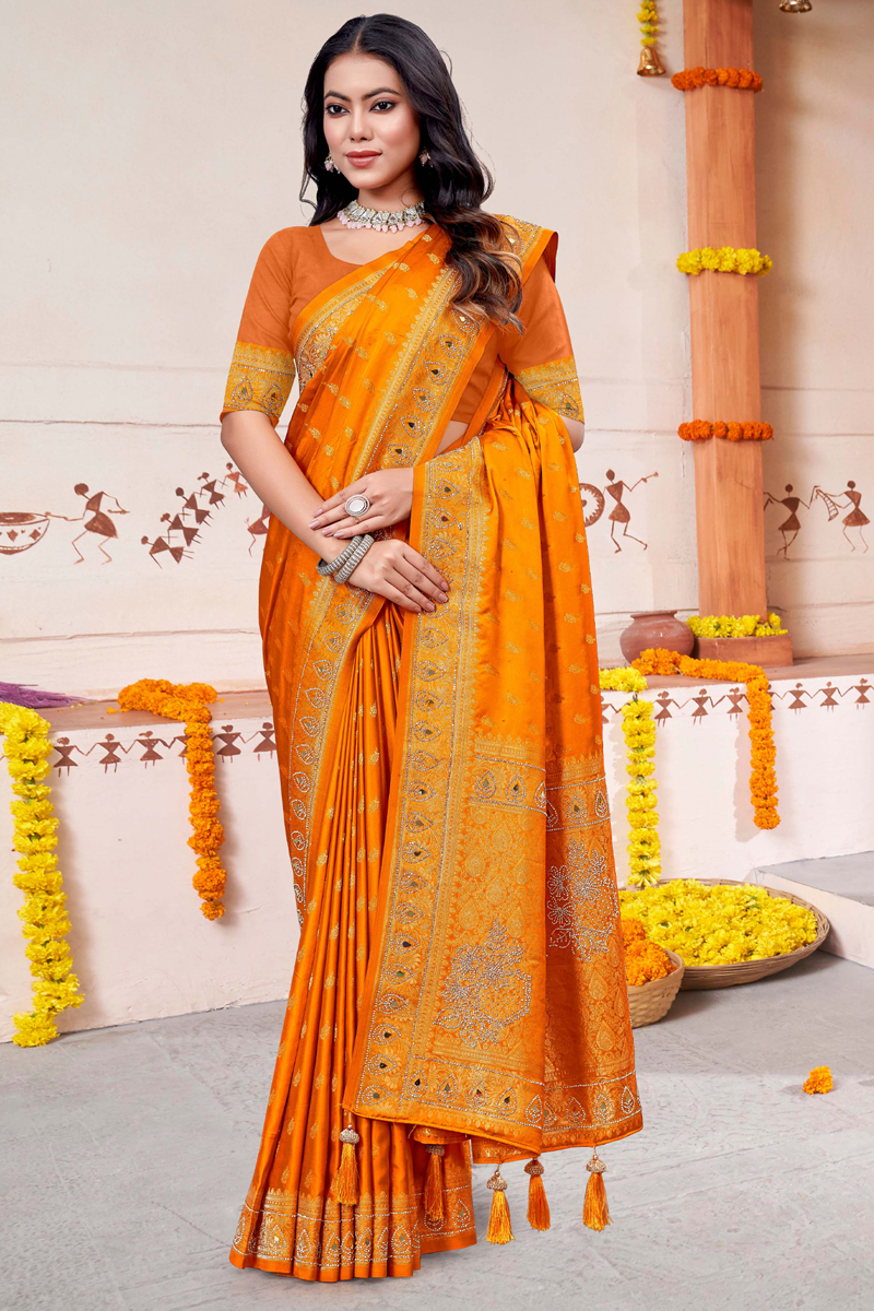 Designer Silk Saree Mirror Work In Yellow