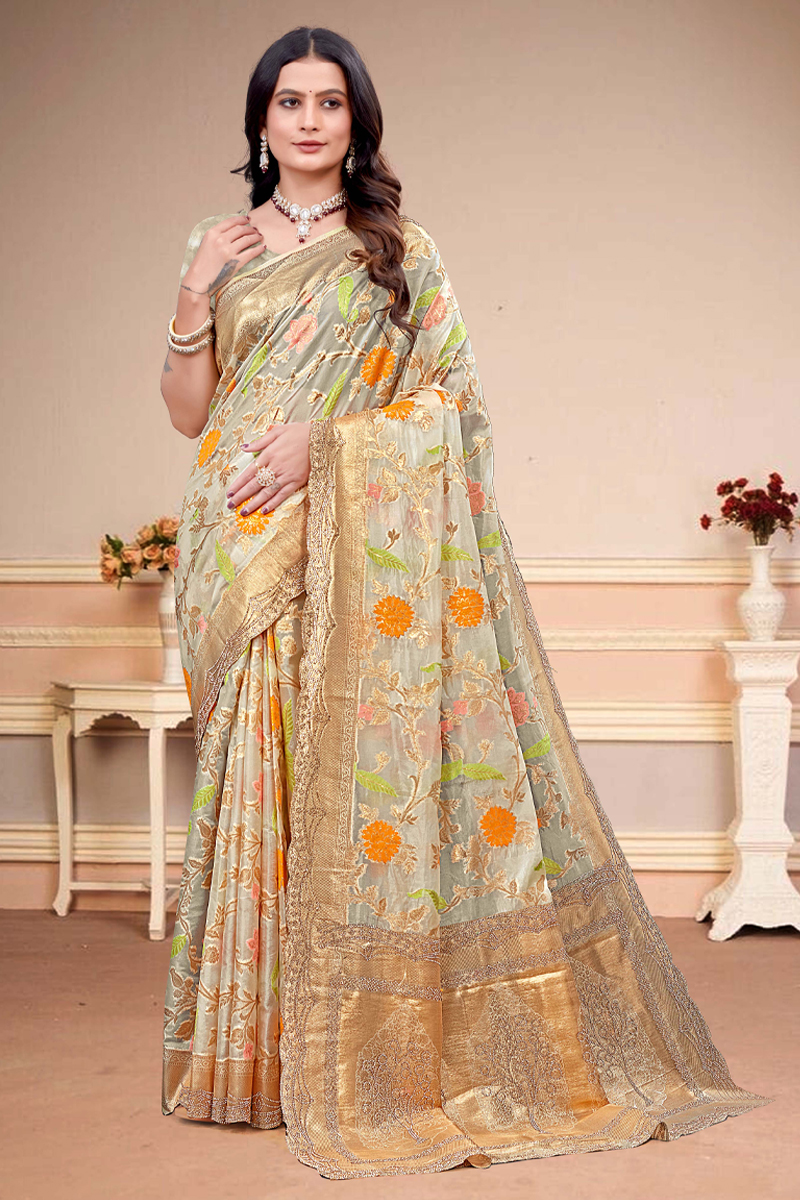 Designer Silk Saree Stone Work In Beige