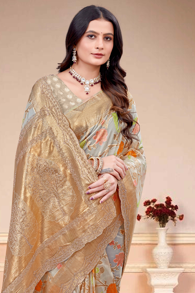 Designer Silk Saree Stone Work In Beige