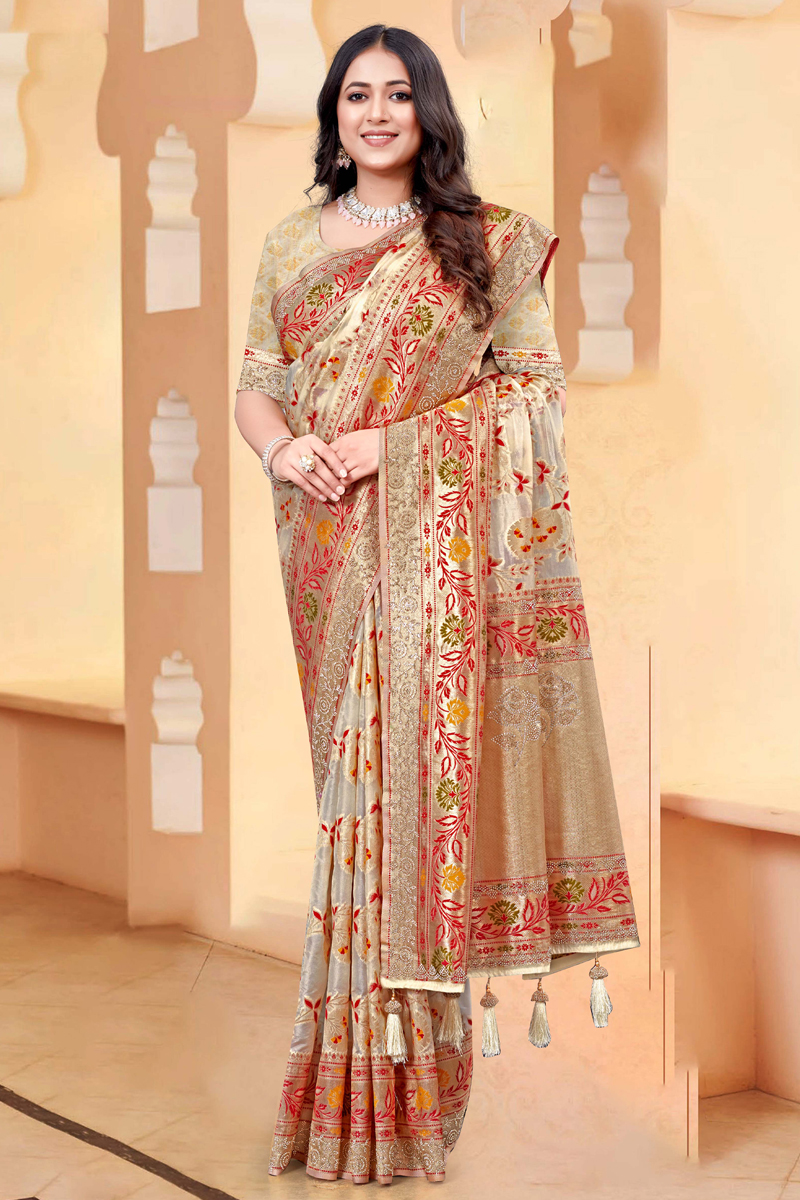 Designer Silk Saree Stone Work In Beige