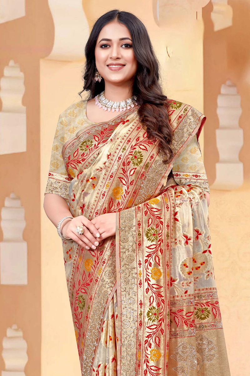 Designer Silk Saree Stone Work In Beige