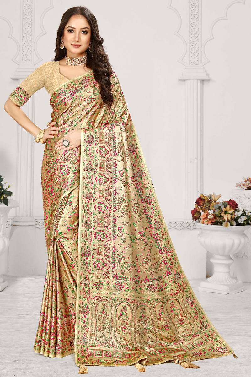 Designer Silk Saree Stone Work In Beige