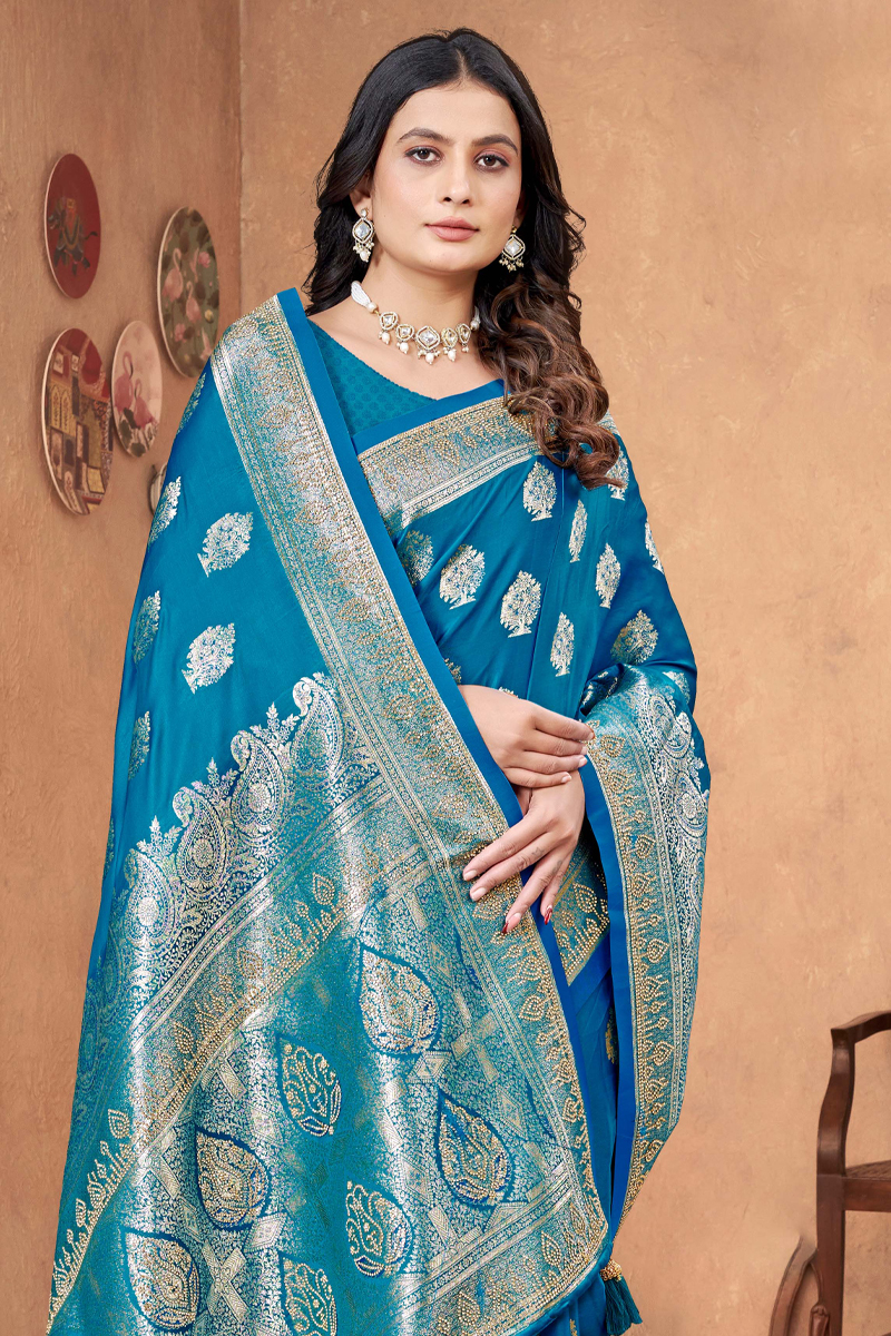 Designer Silk Saree Stone Work In Blue