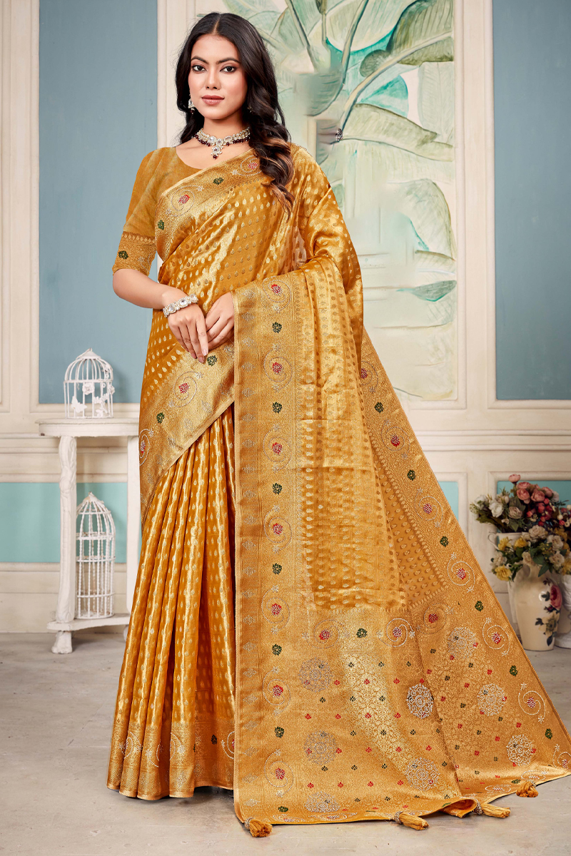 Designer Silk Saree Stone Work In Golden