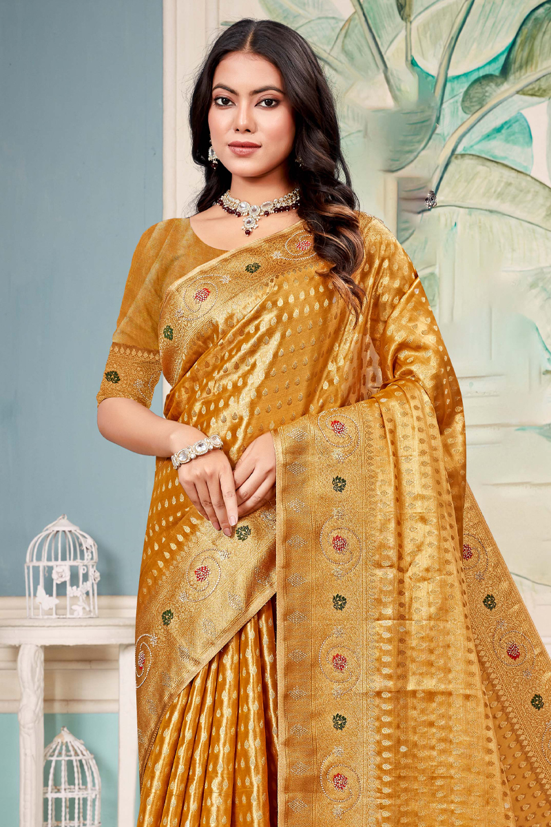 Designer Silk Saree Stone Work In Golden