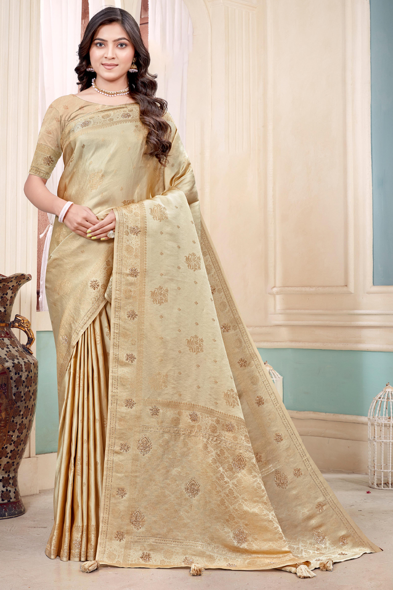 Designer Silk Saree Stone Work In Golden